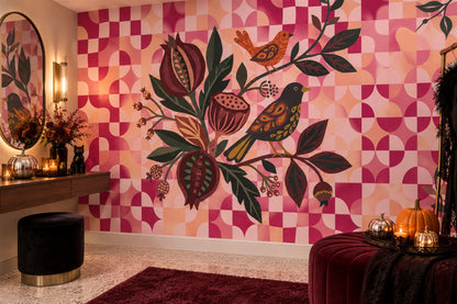 Geometric Flowers Owls and Pink Checks Halloween Wallpaper Mural - image 4