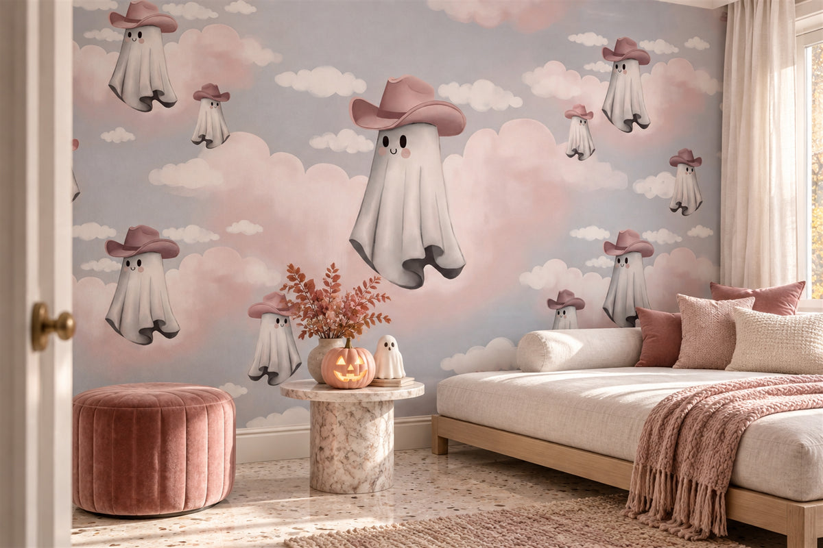 Mushroom Ghosts Floating in Pastel Clouds Halloween Wallpaper Mural - image 1