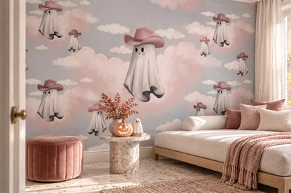 Mushroom Ghosts Floating in Pastel Clouds Halloween Wallpaper Mural - image 1