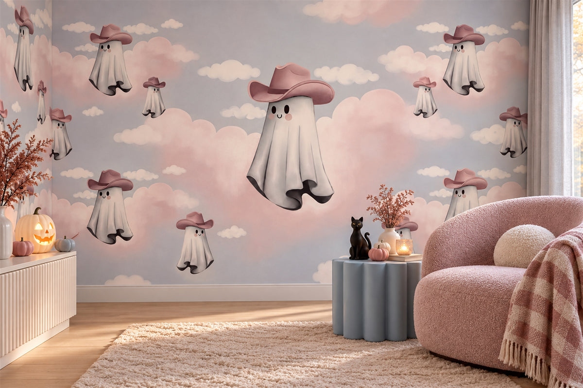 Mushroom Ghosts Floating in Pastel Clouds Halloween Wallpaper Mural - image 4
