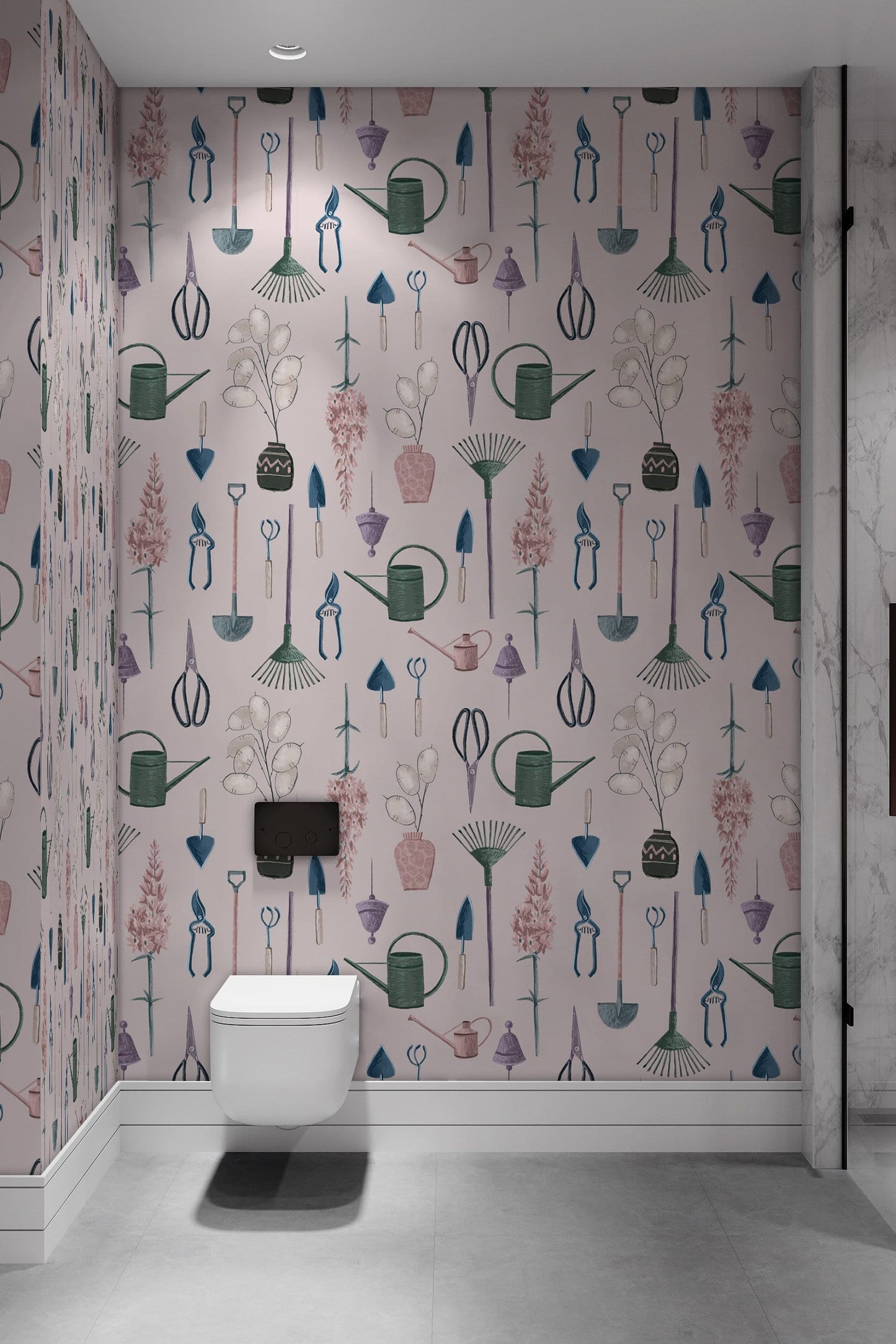 Wallpaper mural for the bathroom with a flower and tools design.