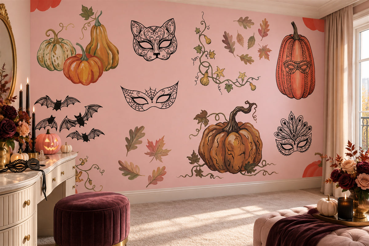 Pumpkins Masks Bats and Autumn Sprigs Halloween Wallpaper Mural - image 4