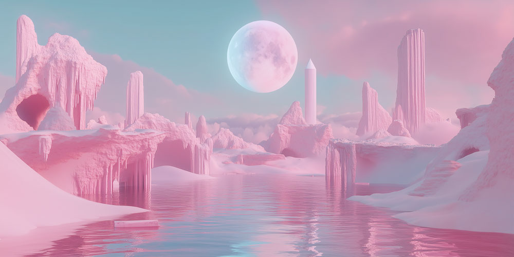 Pink Moon Fantasy Lagoon Mural Wallpaper