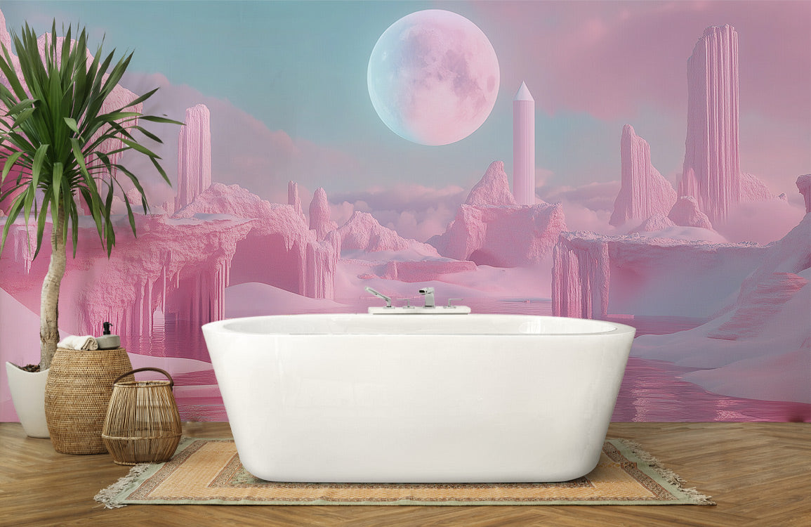 Pink Moon Fantasy Lagoon Mural Wallpaper