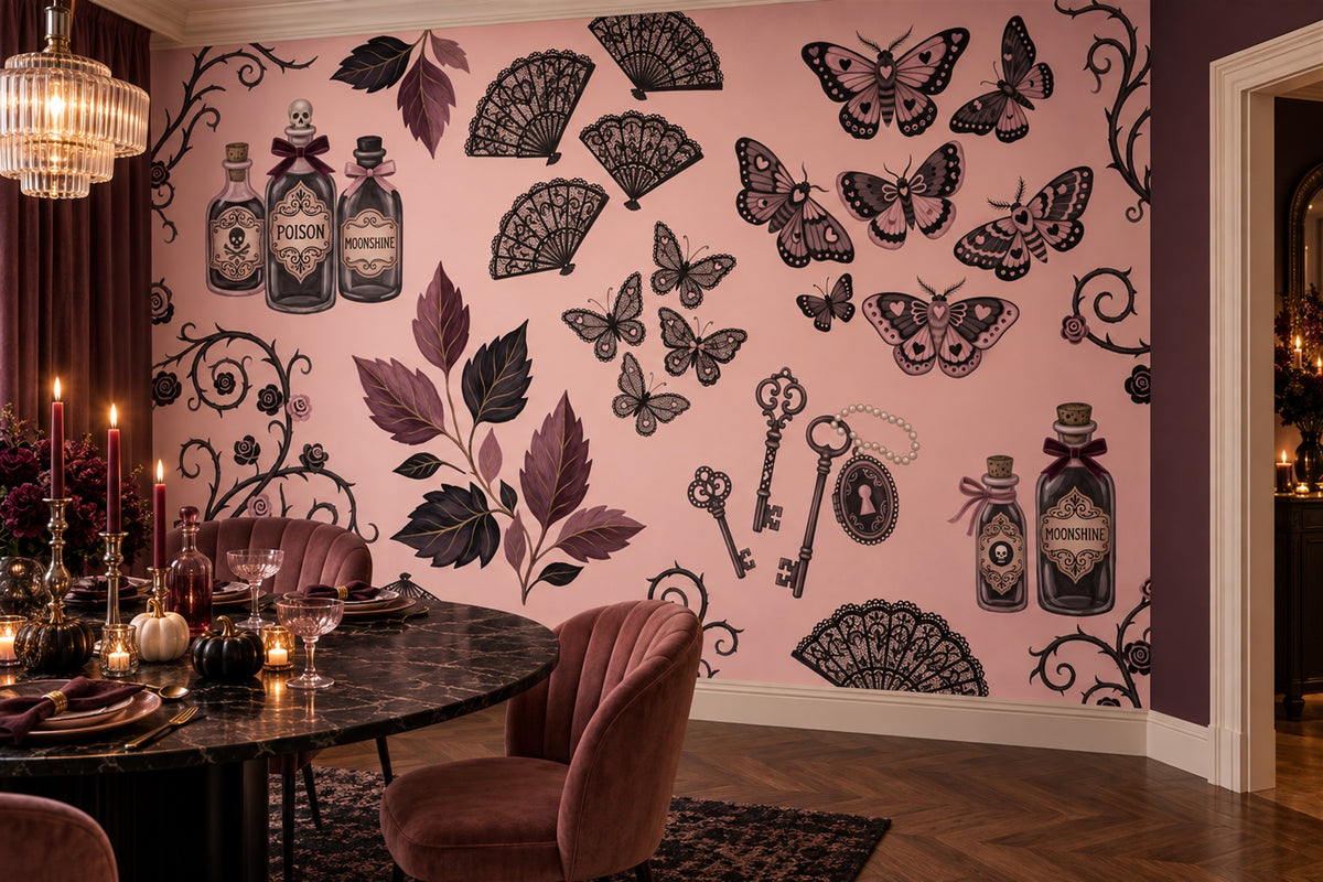 Potion Bottles Moths Keys and Black Leaves Halloween Wallpaper Mural - image 1