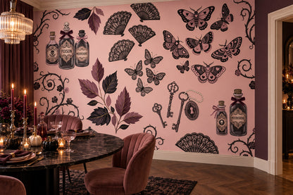 Potion Bottles Moths Keys and Black Leaves Halloween Wallpaper Mural - image 1