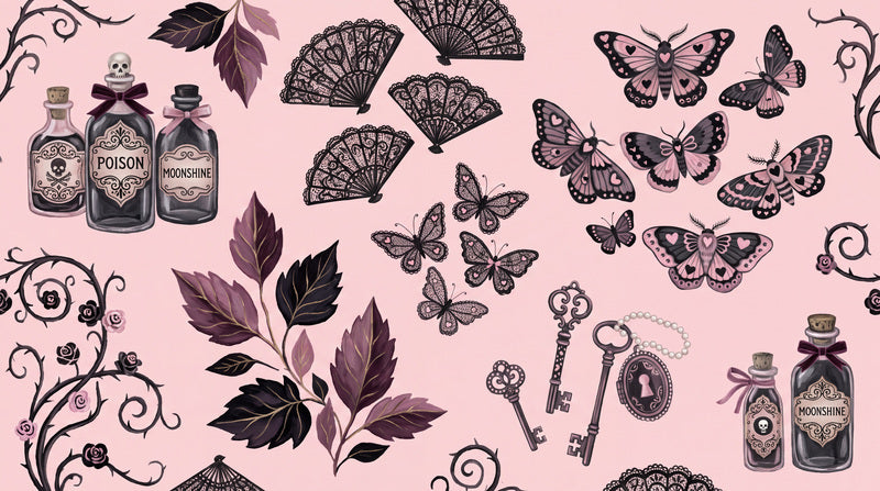 Potion Bottles Moths Keys and Black Leaves Halloween Wallpaper Mural - image 2
