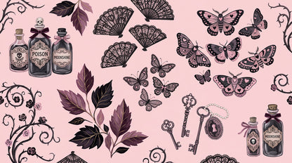 Potion Bottles Moths Keys and Black Leaves Halloween Wallpaper Mural - image 2