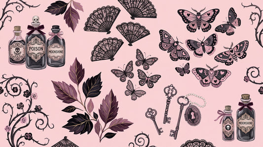 Potion Bottles Moths Keys and Black Leaves Halloween Wallpaper Mural - image 2