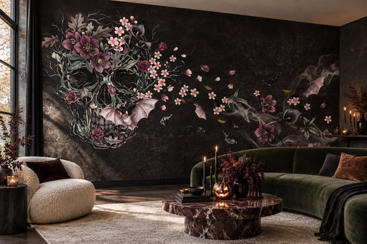 Floral Skull with Drifting Blossoms Halloween Wallpaper Mural - image 1