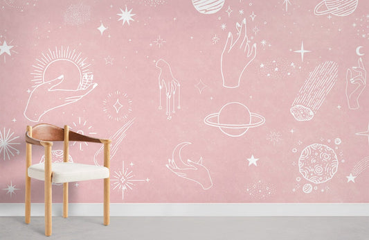 Pink Celestial Space Illustrated Mural Wallpaper