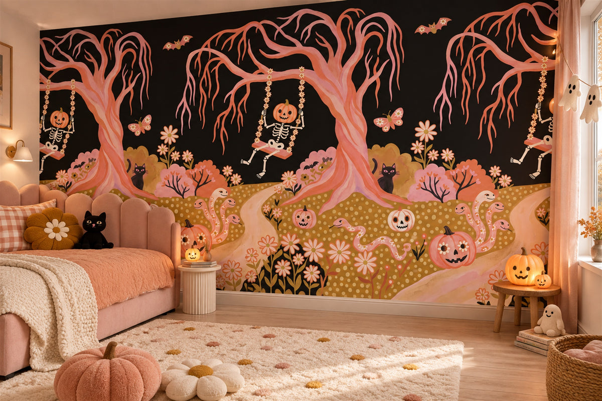Pink Haunted Trees Skeletons Ghosts and Pumpkins Halloween Wallpaper Mural - image 4