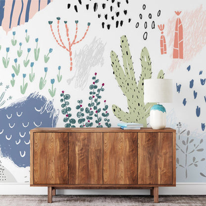 Wallpaper mural with a pastel plant pattern for the hallway's decor.
