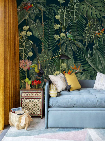 jungle forest wall mural lounge interior design
