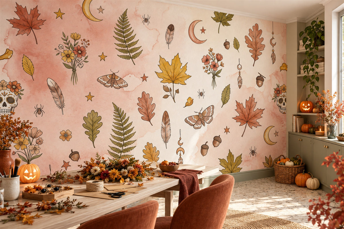 Autumn Leaves Ferns Moths and Celestial Charms Halloween Wallpaper Mural - image 4