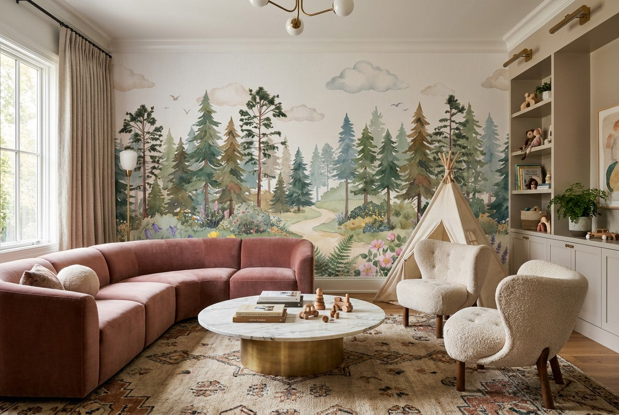Green Meadow Pine Tree Wallpaper Mural interior setting
