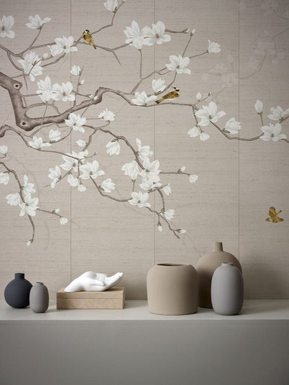Elegant Blossom beige floral mural wallpaper with birds; neutral vases on modern shelf for peaceful decor.