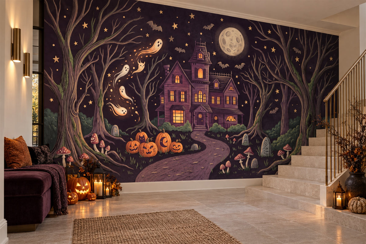Haunted House Pumpkins Ghosts and Enchanted Trees Halloween Wallpaper Mural - image 4