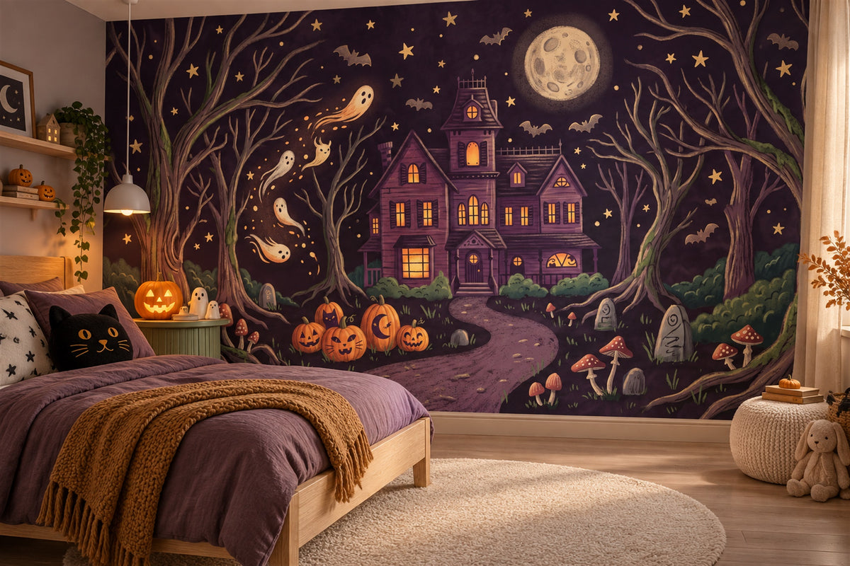Haunted House Pumpkins Ghosts and Enchanted Trees Halloween Wallpaper Mural - image 1