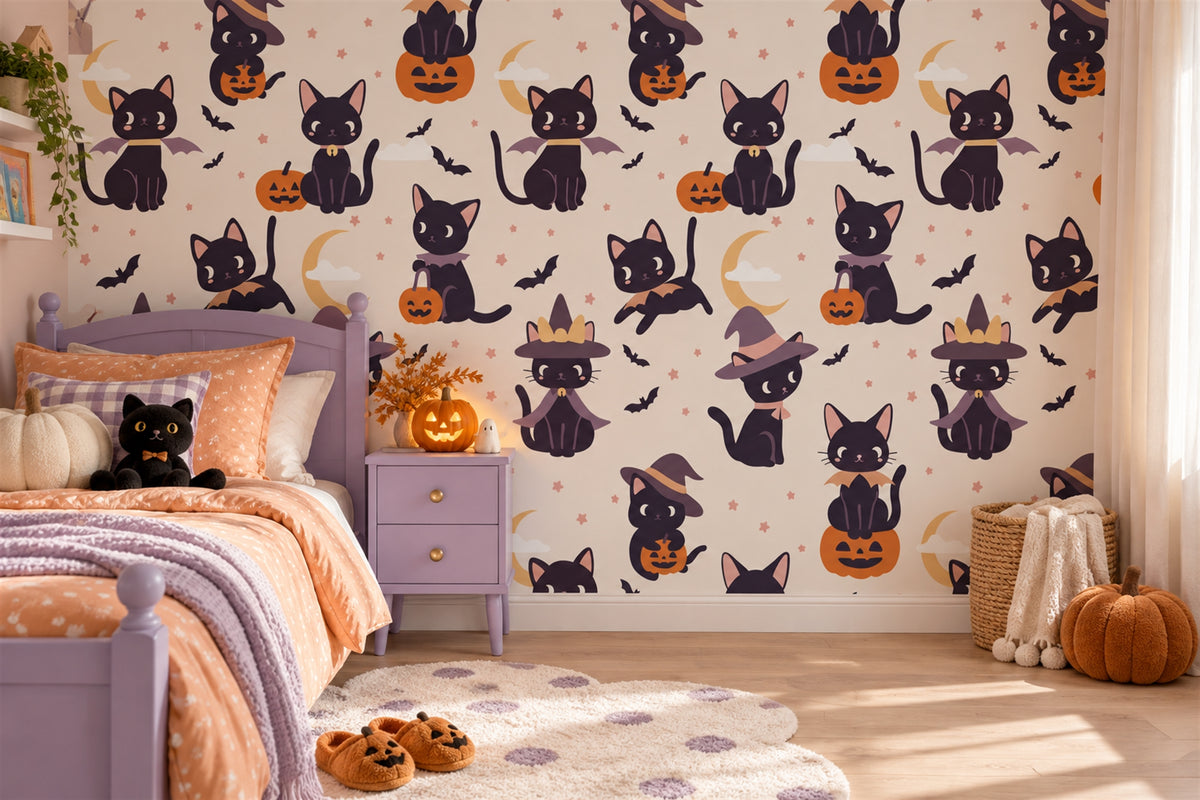 Black Cats Witches Pumpkins and Moons Halloween Wallpaper Mural - image 1