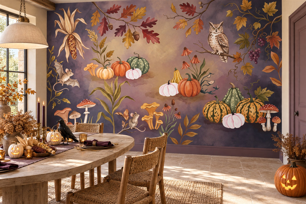 Owl Pumpkins Mushrooms and Autumn Leaves Halloween Wallpaper Mural - image 1