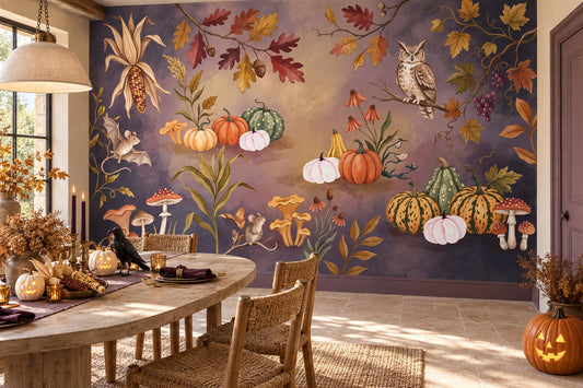 Owl Pumpkins Mushrooms and Autumn Leaves Halloween Wallpaper Mural - image 1