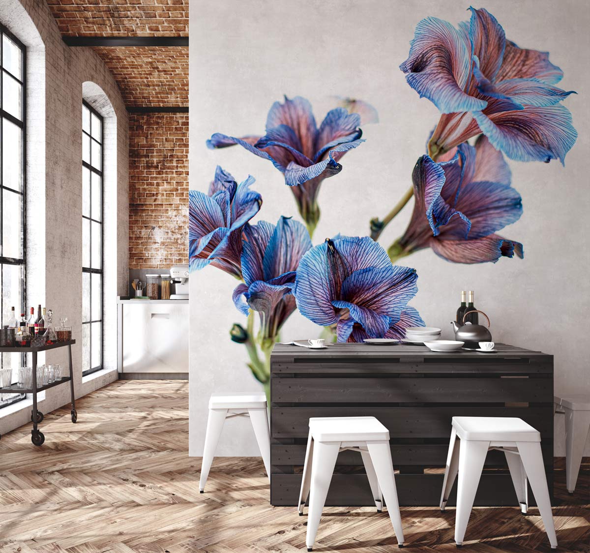 Blue Floral Botanical Art Mural Wallpaper