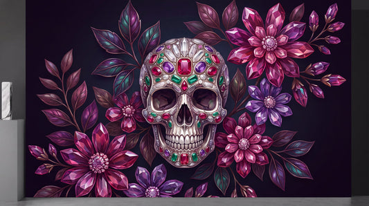 Jewelled Skull and Purple Flowers Halloween Wallpaper Mural - image 2