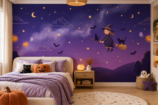 Flying Witch Cats Bats Ghosts and Purple Sky Halloween Wallpaper Mural - image 1