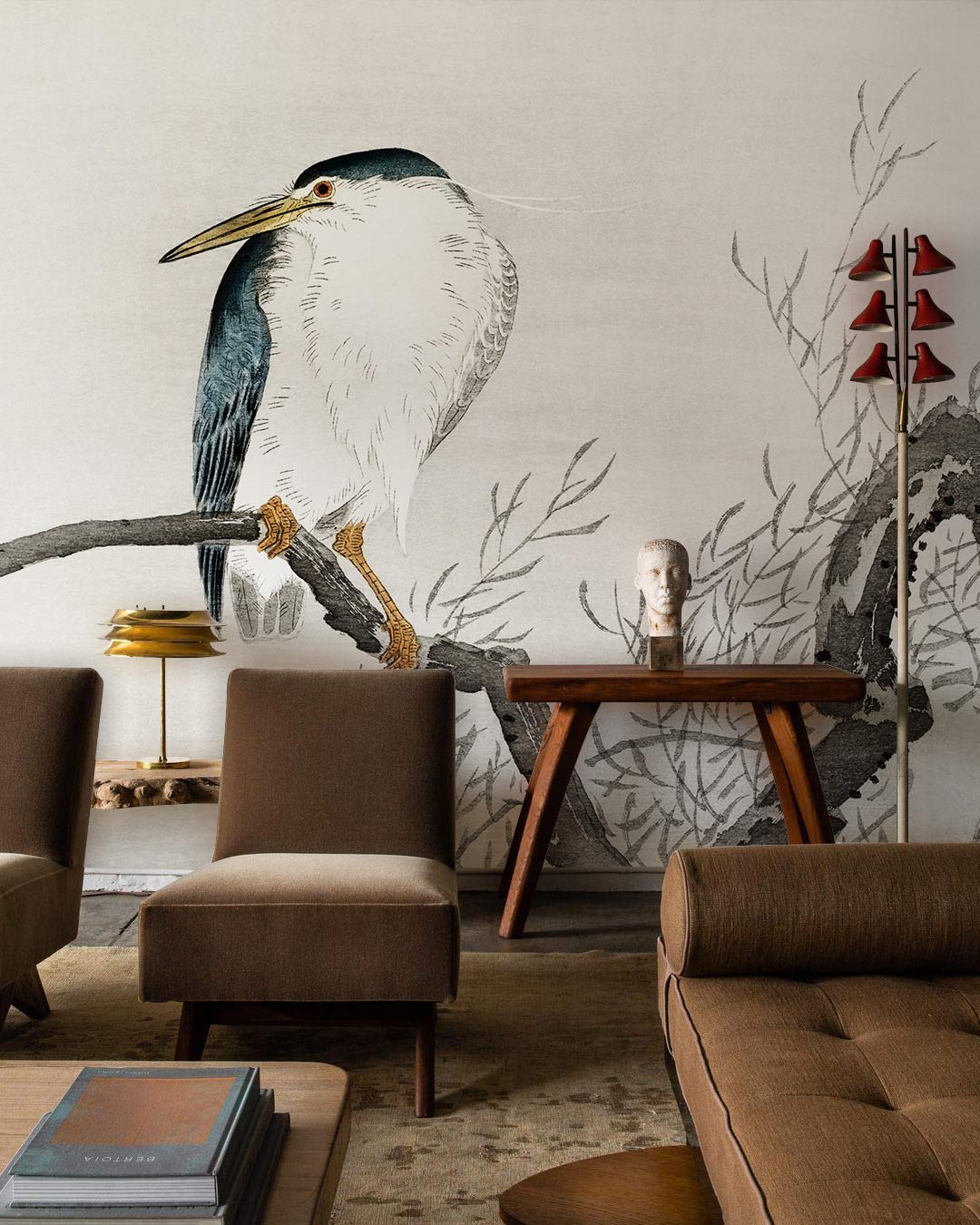 Elegant Heron Japanese Art Mural Wallpaper