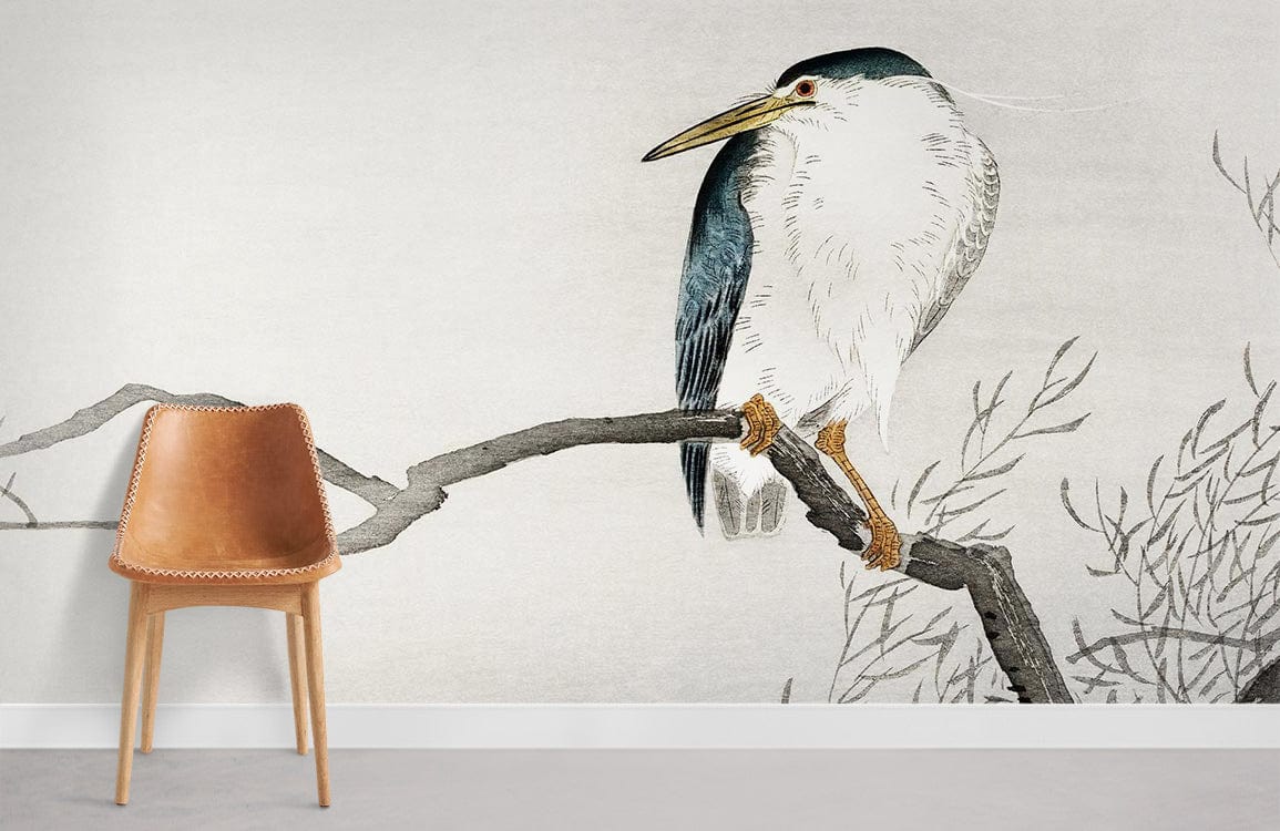 Elegant Heron Japanese Art Mural Wallpaper