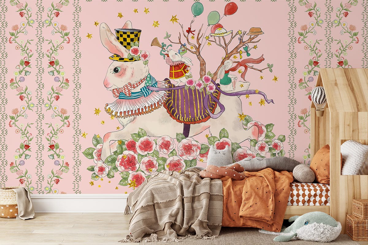 Whimsical Rabbit Floral Kids Mural Wallpaper