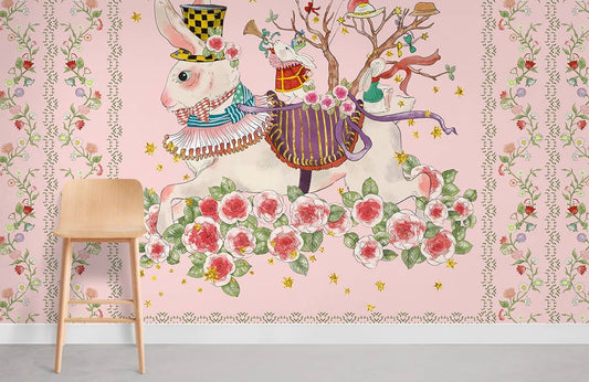 Whimsical Rabbit Floral Kids Mural Wallpaper