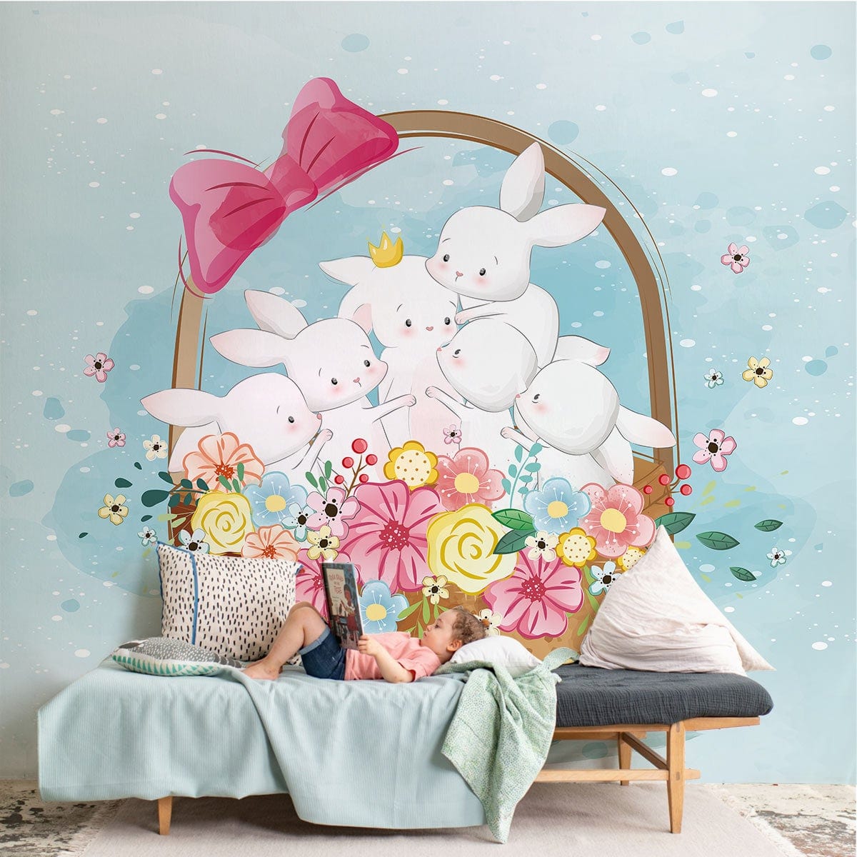 Whimsical Bunnies Floral Kids Mural Wallpaper