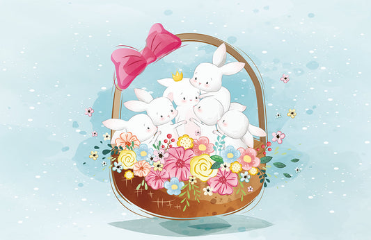 Whimsical Bunnies Floral Kids Mural Wallpaper