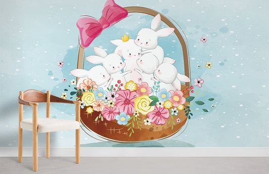 Whimsical Bunnies Floral Kids Mural Wallpaper