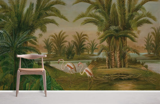 Tropical Flamingo Oasis Scenic Mural Wallpaper