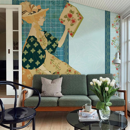 Wall Mural Wallpaper Design for the Living Room Featuring a Young Girl Reading Against a Blue Background
