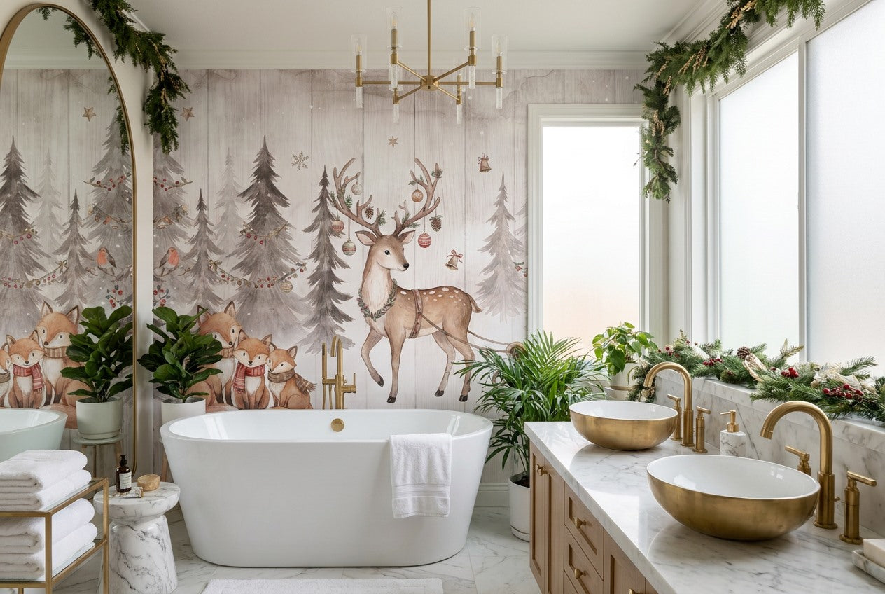 Red Cream Winter Forest Wallpaper Mural