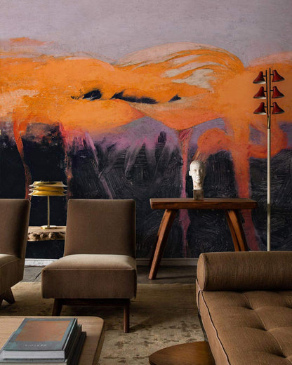Wallpaper Mural with Pink Flamingos in the Living Room