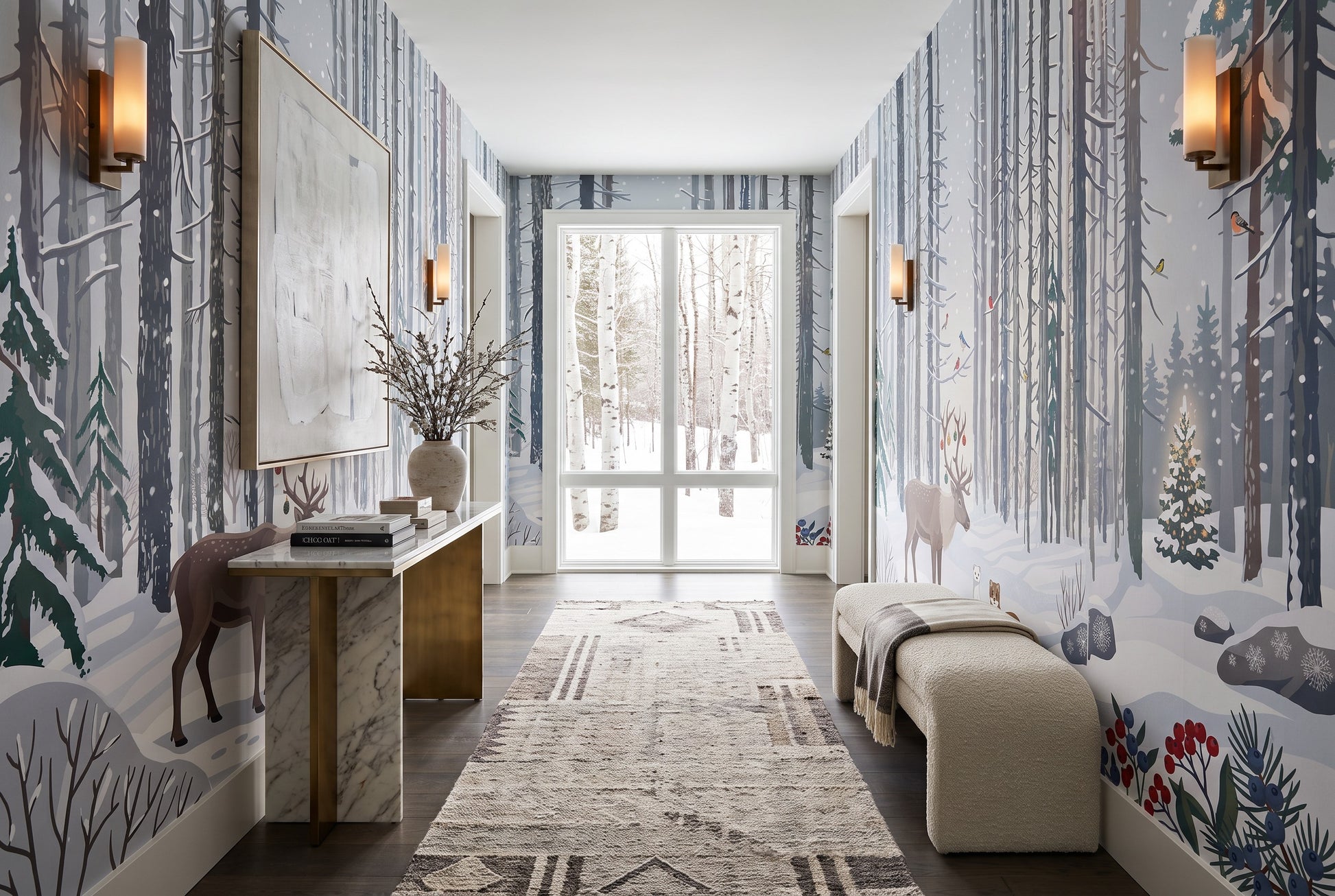 Red Christmas Winter Forest Wallpaper Mural