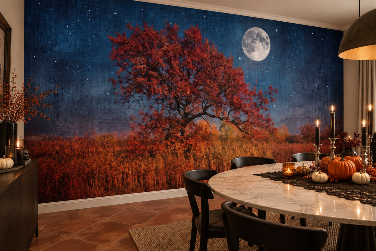 Red Autumn Tree Under Full Moon Halloween Wallpaper Mural - image 3