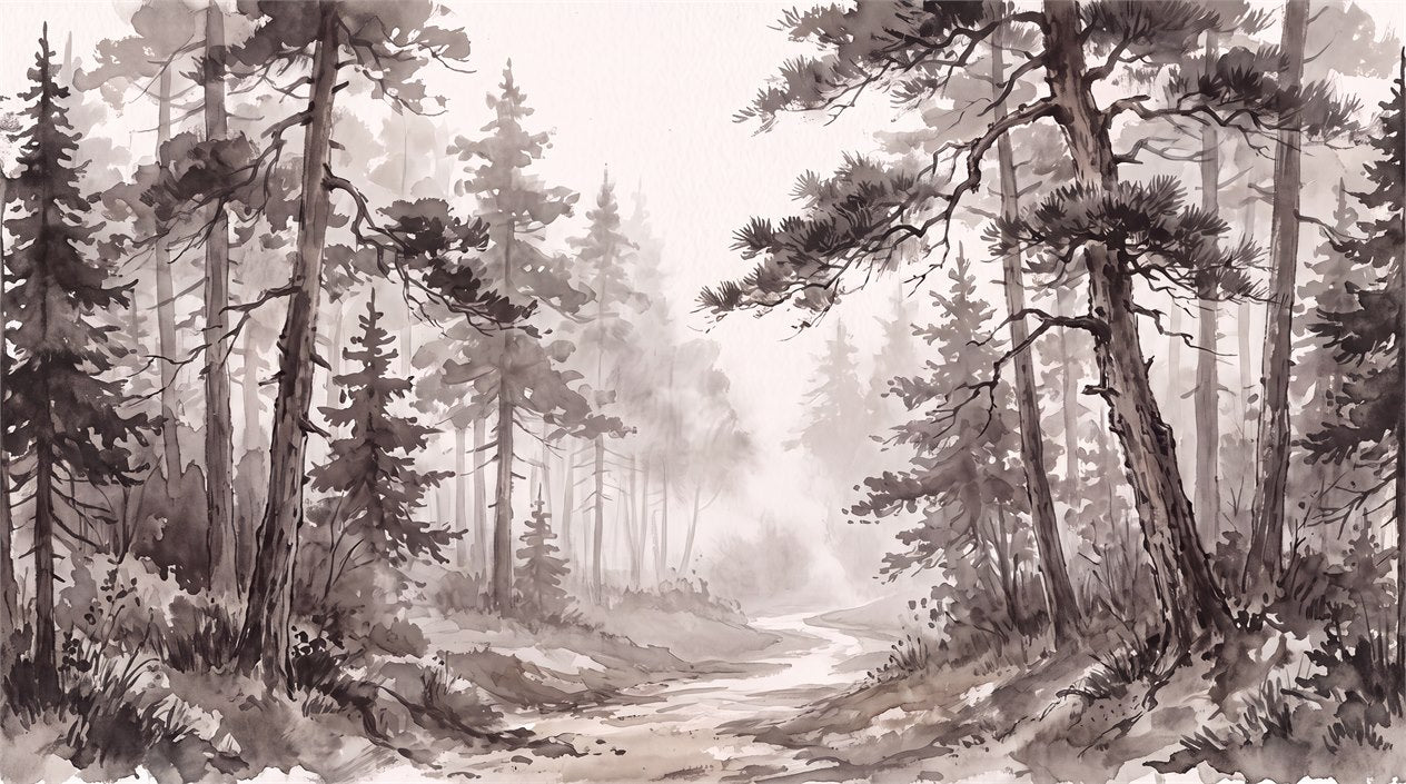 Brown Ink Pine Forest Wallpaper Mural pattern detail
