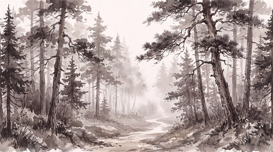 Brown Ink Pine Forest Wallpaper Mural pattern detail