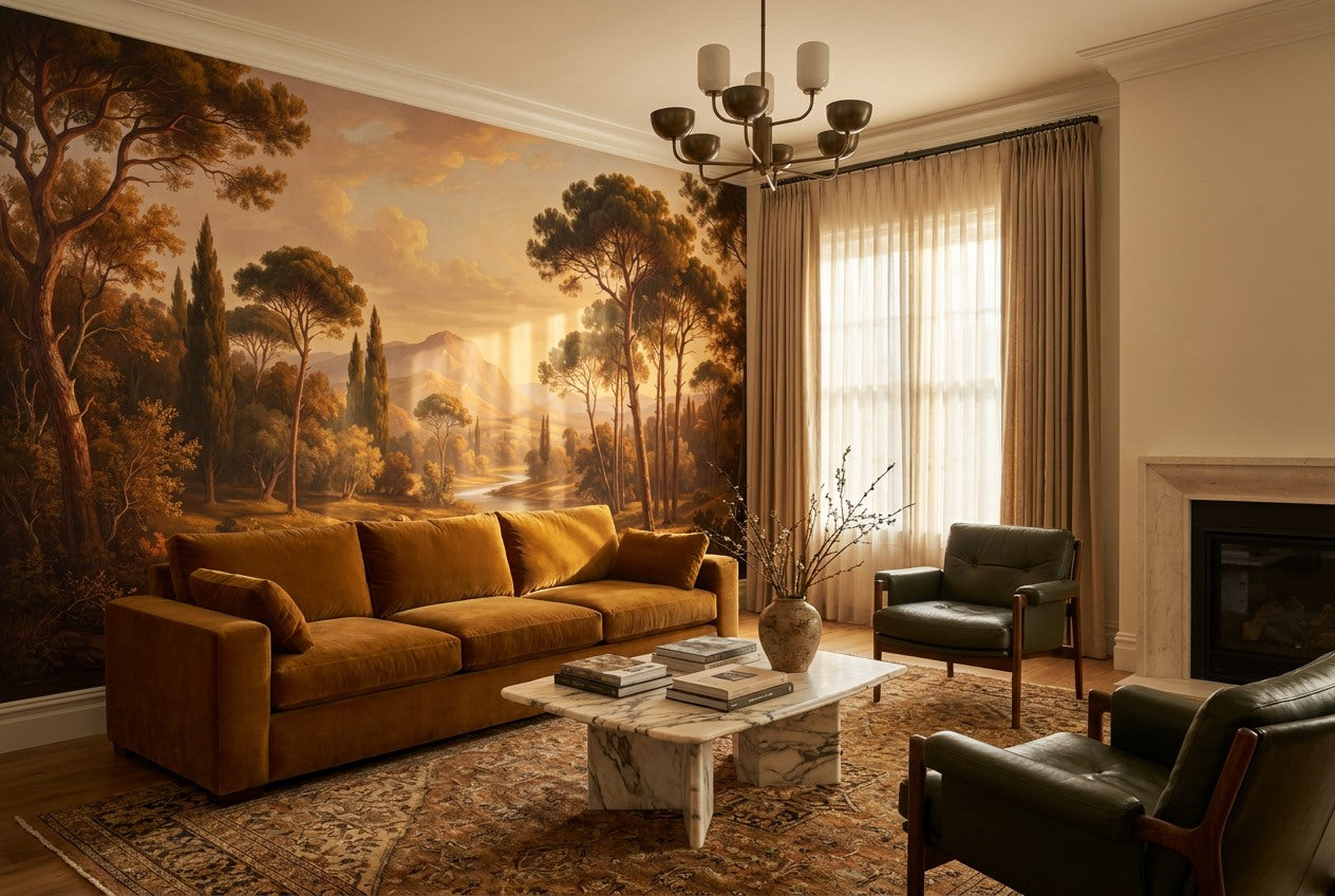 Golden Rustic Pine Landscape Wallpaper Mural room scene