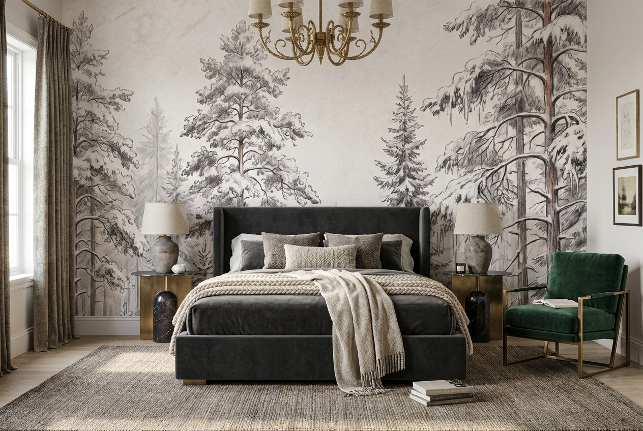 Gray Sketch Pine Forest Wallpaper Mural interior setting