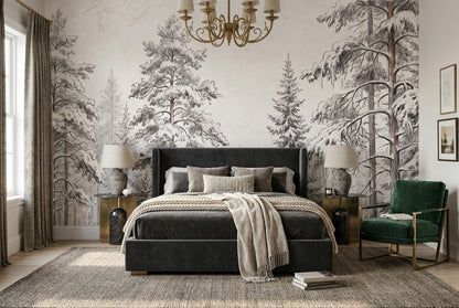 Gray Sketch Pine Forest Wallpaper Mural interior setting