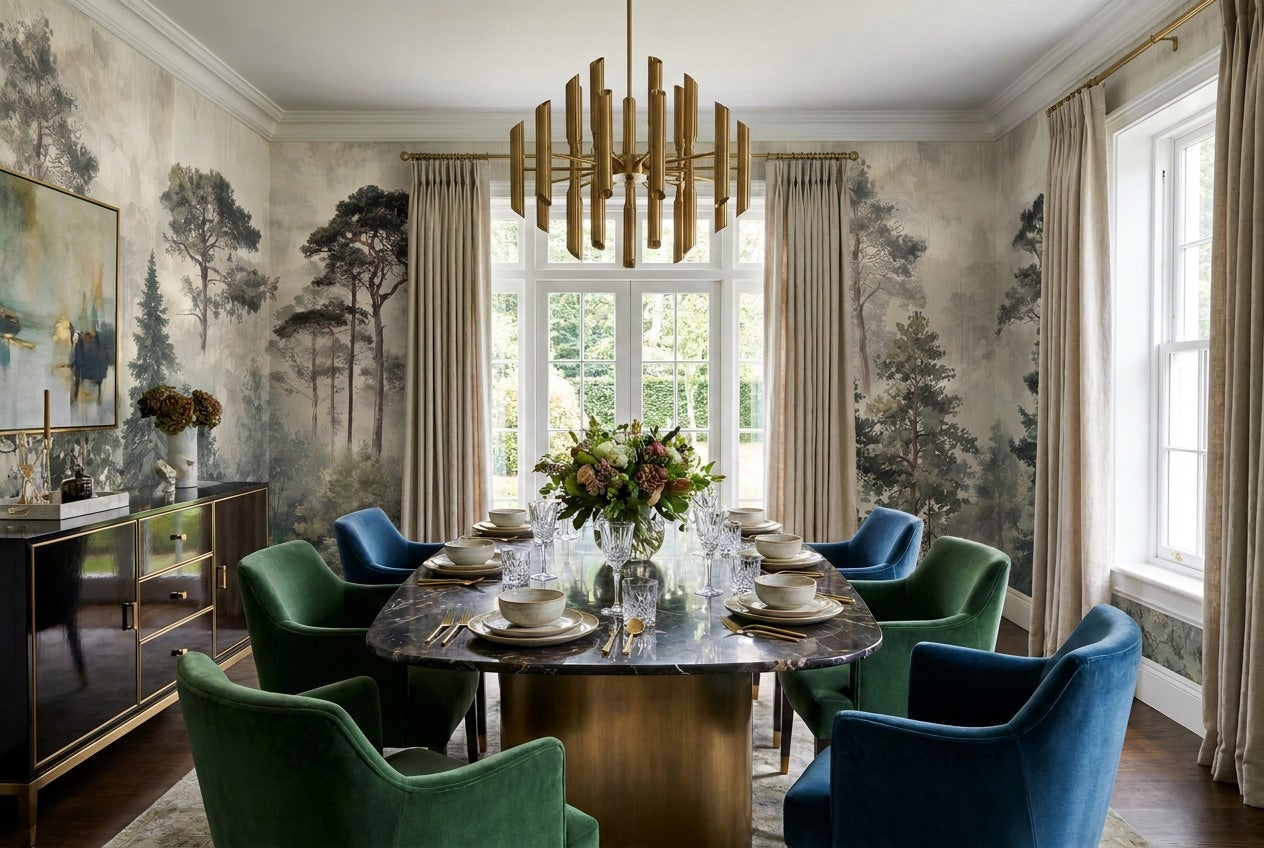 Misty Gray Woodland Pine Tree Wallpaper Mural interior setting