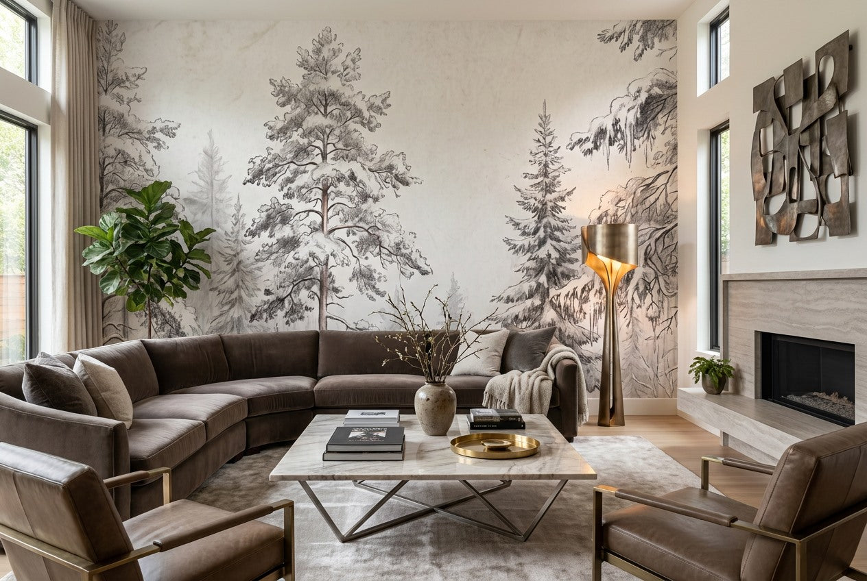 Gray Sketch Pine Forest Wallpaper Mural room scene