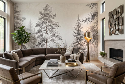 Gray Sketch Pine Forest Wallpaper Mural room scene